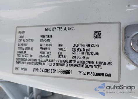 2020 Tesla Model 3 Long Range Dual Motor All-Wheel Drive z USA, uszkodzony, nr VIN 5YJ3E1EB4LF665861